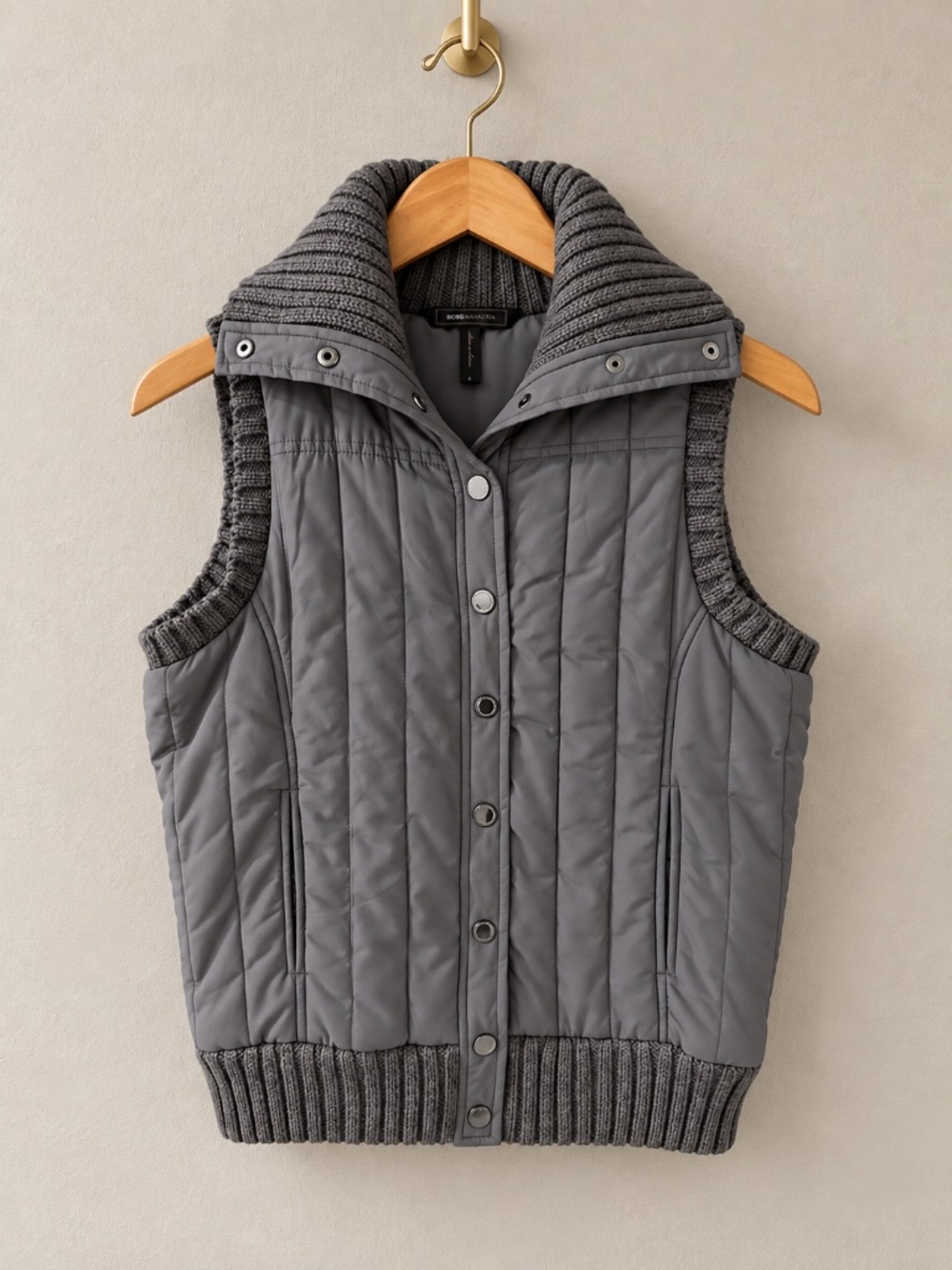 BCBGMAXAZRIA Women's Gray Quilted Puffer Vest Knit Collar Size S